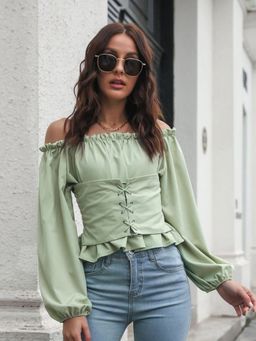 Oh Rare - Green Off-Shoulder Smocked Bardot Top