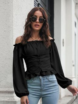 Oh Rare - Black Off-Shoulder Smocked Bardot Top
