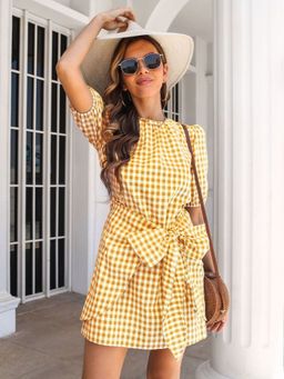 Oh Rare - Womens Yellow Summer Lantern Sleeves Knotted Wrap Dress