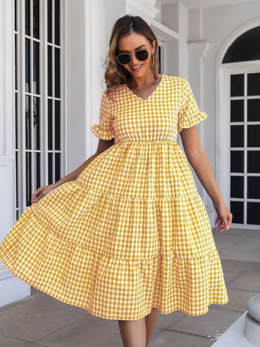 Buy Oh Rare Womens Yellow Plaid Ruffled V-Neck Short Sleeves Midi Dress Online Buy Oh Rare Womens Yellow Plaid Ruffled V-Neck Short Sleeves Midi Dress Online