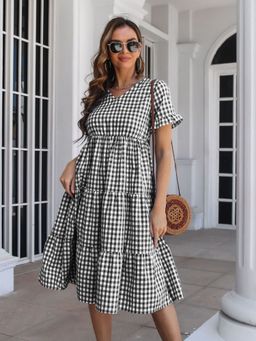 Oh Rare - Womens Black Plaid Ruffled V-Neck Short Sleeves Midi Dress
