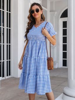 Oh Rare - Womens Blue Plaid Ruffled V-Neck Short Sleeves Midi Dress