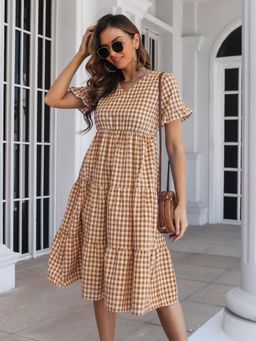 Oh Rare - Womens Brown Plaid Ruffled V-Neck Short Sleeves Midi Dress