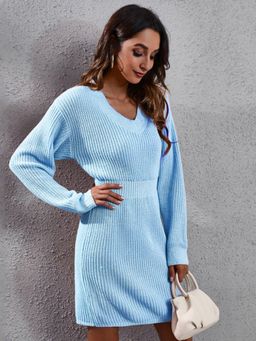 Oh Rare - Womens Blue V-Neck Long Sleeves Waisted Sweater Dress