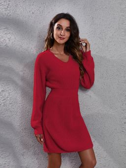 Oh Rare - Womens Red V-Neck Long Sleeves Waisted Sweater Dress