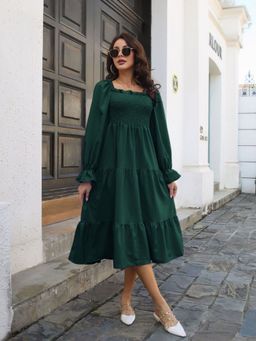 Oh Rare - Green Off Shoulder Neck Full Sleeves Layered Dress for Women
