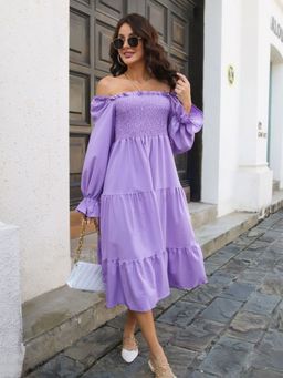 Oh Rare - Purple Off Shoulder Neck Full Sleeves Layered Dress for Women