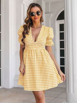 Oh Rare - Yellow Plaid Dress French Retro Deep Neck Puff Sleeve A-Line Dress
