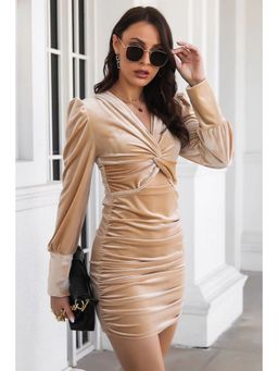 Oh Rare - Womens Khaki Gold Velvet Twist Puff Sleeve Pleated Dress