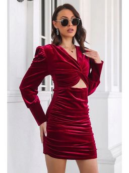 Oh Rare - Womens Maroon Gold Velvet Twist Puff Sleeve Pleated Dress