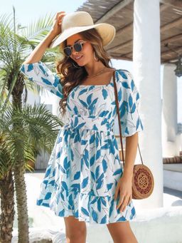 Oh Rare - Womens Blue Ruffled Square Neck Strap Short Dress