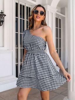 Oh Rare - Black Oblique One Shoulder Puff Sleeves Multi Layer Short Dress