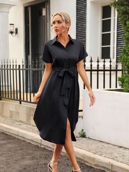 Oh Rare - Womens Black Short Sleeves Belt Shirt Dress