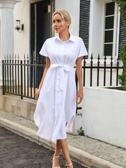Oh Rare - Womens White Short Sleeves Belt Shirt Dress