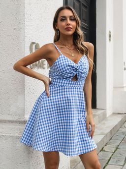 Oh Rare - Womens Blue Shoulder Strap Suspender Hottest Plaid Cotton Dress