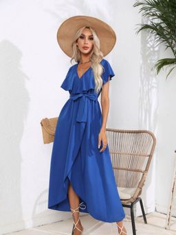 Oh Rare - Blue V-Neck Flared Sleeves Wrapped Dress