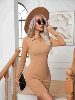 Oh Rare - Khaki Striped Lapel Long Sleeves Mini Dress