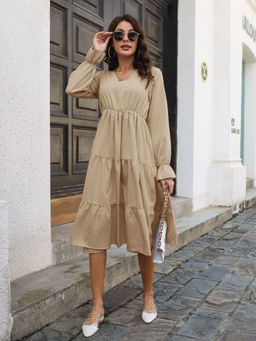 Oh Rare - Khaki Bamboo Linen Trumpet Sleeves V-Neck Layered Hem Dress