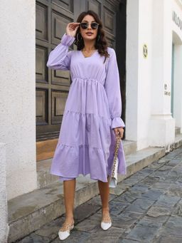 Oh Rare - Purple Bamboo Linen Trumpet Sleeves V-Neck Layered Hem Dress
