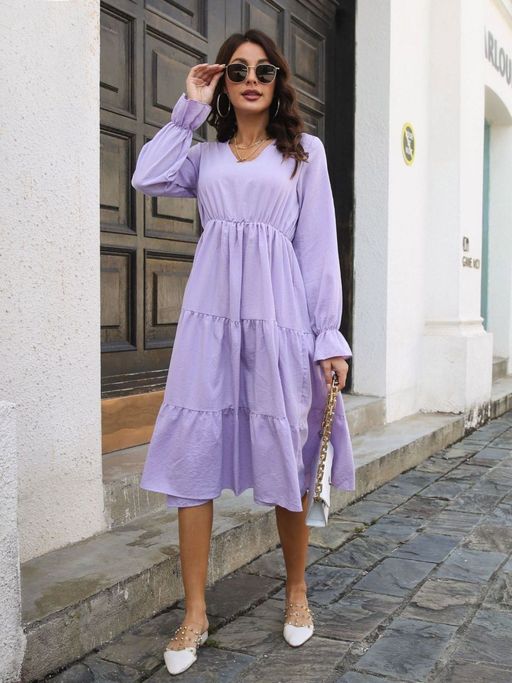 Buy Oh Rare Purple Bamboo Linen Trumpet Sleeves V-Neck Layered Hem Dress Online Buy Oh Rare Purple Bamboo Linen Trumpet Sleeves V-Neck Layered Hem Dress Online