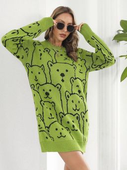 Oh Rare - Green Bear Jacquard Long Sleeves Sweater Dress
