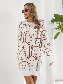 Oh Rare - White Bear Jacquard Long Sleeves Sweater Dress