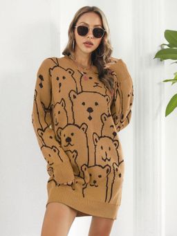 Oh Rare - Brown Bear Jacquard Long Sleeves Sweater Dress