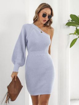 Oh Rare - Purple One Shoulder Long Sleeves Sweater Dress