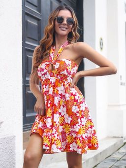 Oh Rare - Orange Floral Halter Neck Backless Ruffled Resort Style Dress