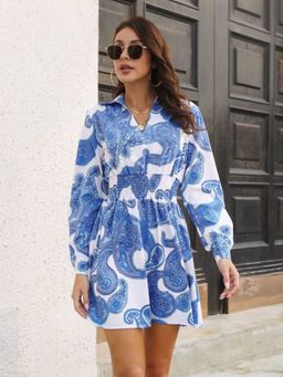 Oh Rare - Blue Retro Paisley Pattern Temperament Shirt Collar Dress