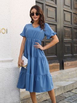 Oh Rare - Blue Ruffled Short Sleeves V-Neck Layered Large Swing Dress