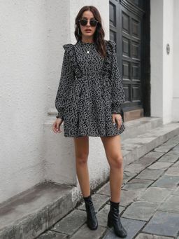 Oh Rare - Black Ruffled Fungus Edge Stand Up Collar Floral Print Dress