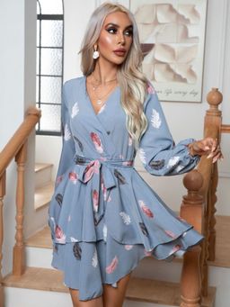Oh Rare - Blue Feather Print Multi-Layer Hem V-Neck Dress (Set of 2)