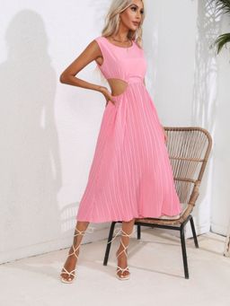 Oh Rare - Pink Hollowed Out Waist Pleated Dress Sleeveless Dress