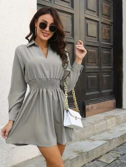 Oh Rare - Grey Solid Shirt Collar Dress