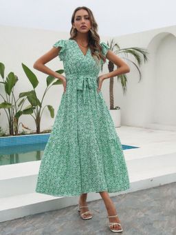 Oh Rare - Green Floral Ruffled V-Neck Short Sleeves Printed Chiffon Long Dress (Set of 2)