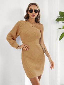 Oh Rare - Beige One Shoulder Waisted Sweater Dress