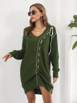 Oh Rare - Olive Designed Drawstring V-Neck Long Sleeves Sweater Dress