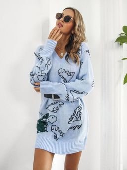 Oh Rare - Blue Cute Dinosaur Cartoon Jacquard V-Neck Long Sleeves Sweater Dress