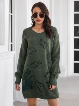 Oh Rare - Olive Cute Dinosaur Cartoon Jacquard V-Neck Long Sleeves Sweater Dress