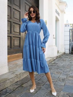 Oh Rare - Blue Trumpet Long Sleeves V-Neck Layered Dress