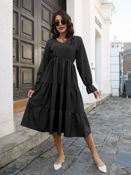 blue dress for baby girl Theory Layered Trumpet Dress in Crepe Knit Black main image 1