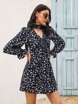 Oh Rare - Black Drawstring V-Neck Long Sleeve Floral Print Chiffon Dress (Set of 2)