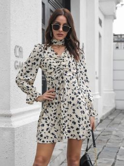 Oh Rare - Beige Drawstring V-Neck Long Sleeve Floral Print Chiffon Dress (Set of 2)