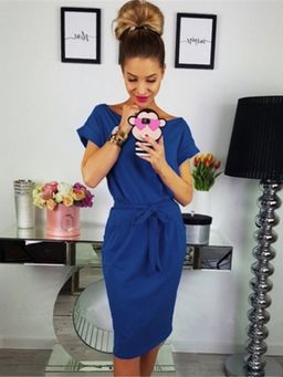 Oh Rare - Womens Stylish Lace Up Round Neck Pocket Dress Navy Blue