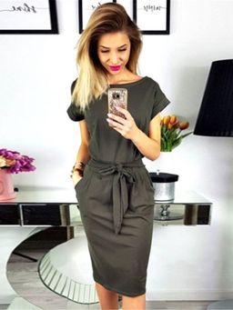 Oh Rare - Womens Stylish Lace Up Boat Neck Pocket Dress Grey