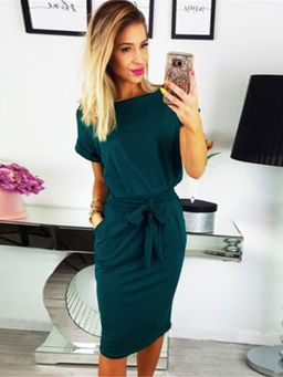 Oh Rare - Womens Stylish Lace Up Round Neck Pocket Dress Green