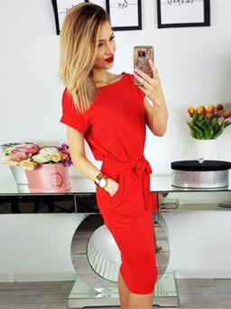 Oh Rare - Womens Stylish Lace Up Round Neck Pocket Dress Red
