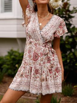 Oh Rare - Womens Holiday Printed Casual Dress with Attached Belt Beige