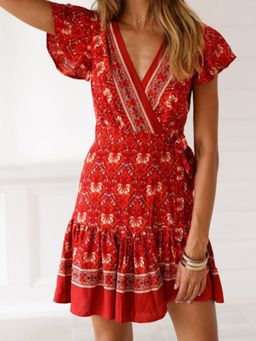 Oh Rare - Womens Holiday Printed Casual Dress with Attached Belt Red